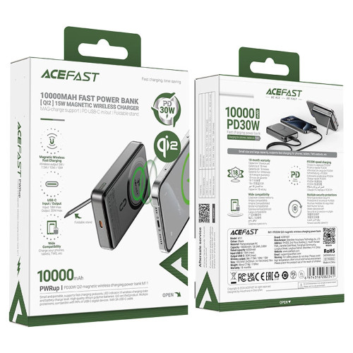 Повербанк Acefast M11 Magnetic PD30W Qi2 (10000 mAh) (Black)