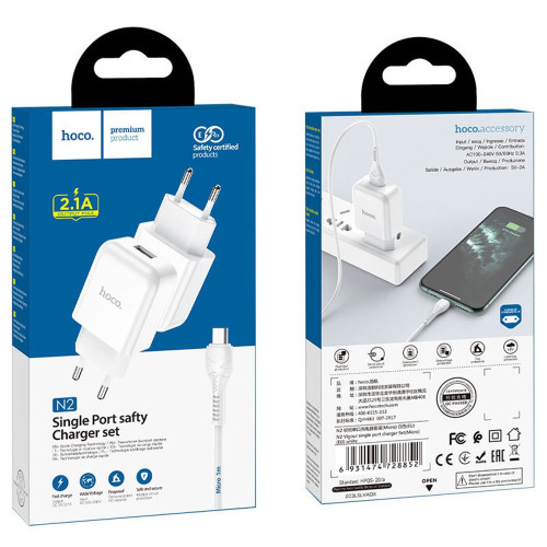 Мережевий зарядний пристрій Hoco N2 USB-A (10W · 2.1A) з кабелем USB-A – Micro-USB (White)
