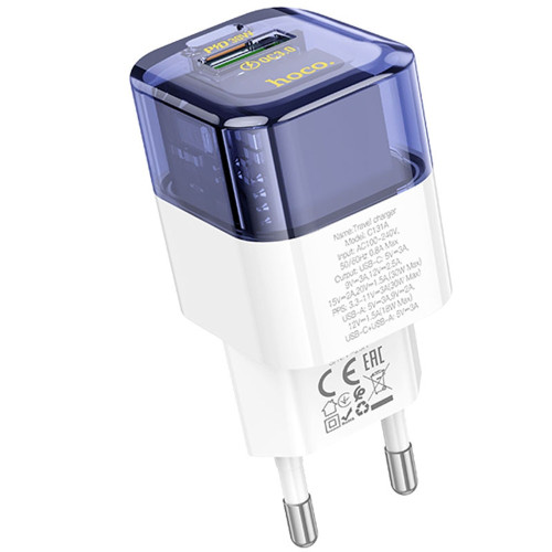 Сетевое зарядное устройство Hoco C131A USB-A+USB-C (30W · 3A) (Transparent Blue)