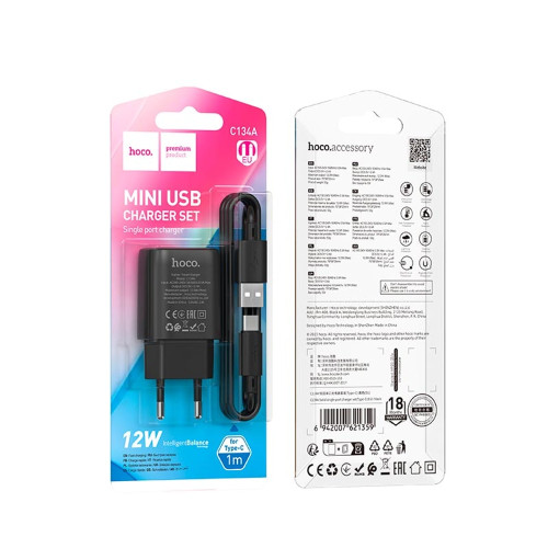 Сетевое зарядное устройство Hoco C134A USB-A (12W · 2.4A) с кабелем USB-A – Type-C (Black)