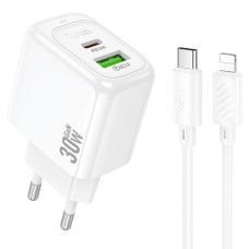 Сетевое зарядное устройство Hoco CS55A USB-A+USB-C (30W · 3A) с кабелем Type-C – Lightning (White)