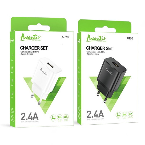 Сетевое зарядное устройство Avantis A820 USB-A (12W · 2.4A) с кабелем USB-A – Type-C (Black)