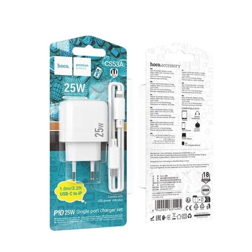 Мережевий зарядний пристрій Hoco CS53A USB-C (25W · 3A) з кабелем Type-C – Lightning (White)