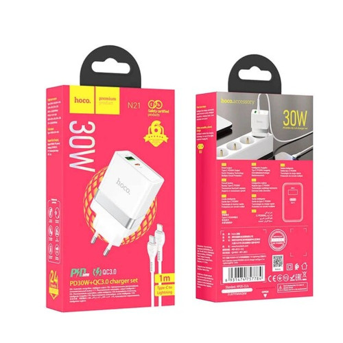 Сетевое зарядное устройство Hoco N21 USB-A+USB-C (30W · 3A) с кабелем Type-C – Lightning (White)