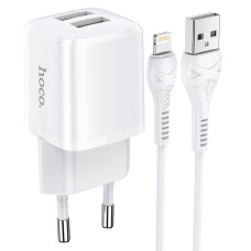Мережевий зарядний пристрій Hoco N8 2xUSB-A (12W · 2.4A) з кабелем USB-A – Lightning (White)