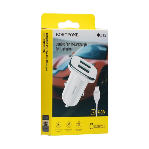 Автомобильное зарядное устройство Borofone BZ12 2xUSB-A (12W · 2.4A) с кабелем USB-A – Lightning (White)