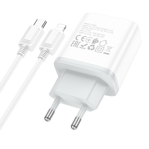 Мережевий зарядний пристрій Hoco C104A USB-C (20W · 3A) з кабелем Type-C – Lightning (White)