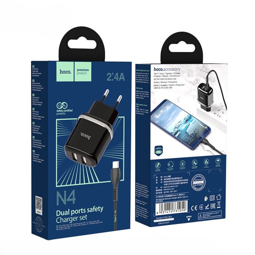 Сетевое зарядное устройство Hoco N4 2xUSB-A (12W · 2.4A) с кабелем USB-A – Type-C (Black)