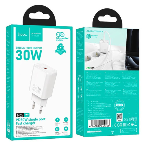 Сетевое зарядное устройство Hoco N62 USB-C (30W · 3A) (White)
