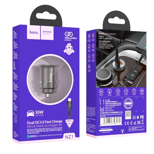 Автомобильное зарядное устройство Hoco NZ1 2xUSB-A (36W · 3A) с кабелем USB-A – Micro-USB (Metal Gray)
