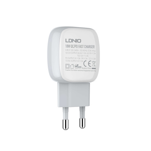 Сетевое зарядное устройство LDNIO A2313C USB-A+USB-C (18W · 3A) с кабелем Type-C – Lightning (White)