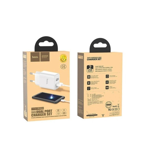 Мережевий зарядний пристрій Hoco C62A Victoria 2xUSB-A (10.5W · 2.1A) з кабелем USB-A – Micro-USB (White)