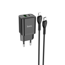 Мережевий зарядний пристрій Hoco N28 USB-A+USB-C (20W · 3A) з кабелем Type-C – Lightning (Black)