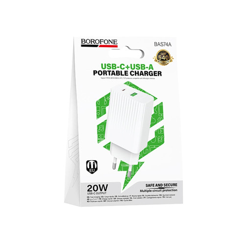 Сетевое зарядное устройство Borofone BAS74A USB-A+USB-C (20W · 3A) (White)