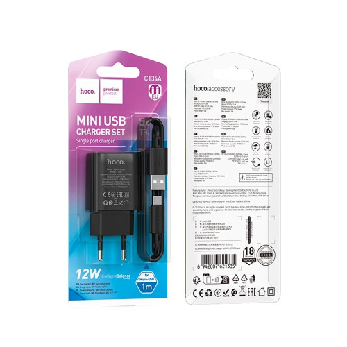 Мережевий зарядний пристрій Hoco C134A USB-A (12W · 2.4A) з кабелем USB-A – Micro-USB (Black)