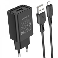 Мережевий зарядний пристрій Borofone BA68A USB-A (10.5W · 2.1A) з кабелем USB-A – Lightning (Black)