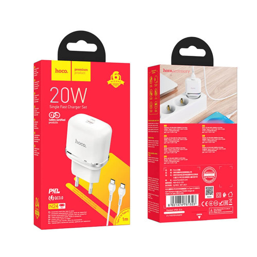 Сетевое зарядное устройство Hoco N24 USB-C (20W · 3A) с кабелем Type-C – Type-C (White)